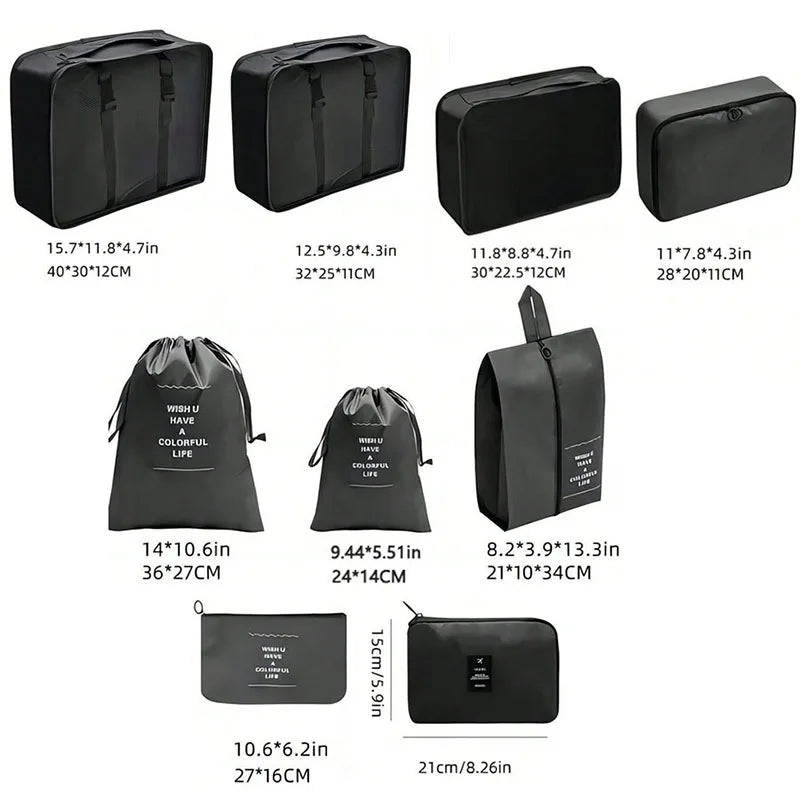 9Pcs Travel Organizer Bags Suitcase Packing Cubes Portable Fold Wardrobe Luggage Clothes Makeup Digital Shoe Storage Bags