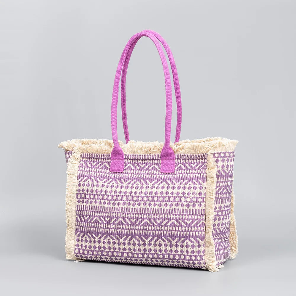 Tote bag Bohemian retro shoulder bag Zipper handbag Large capacity canvas bag Women's summer