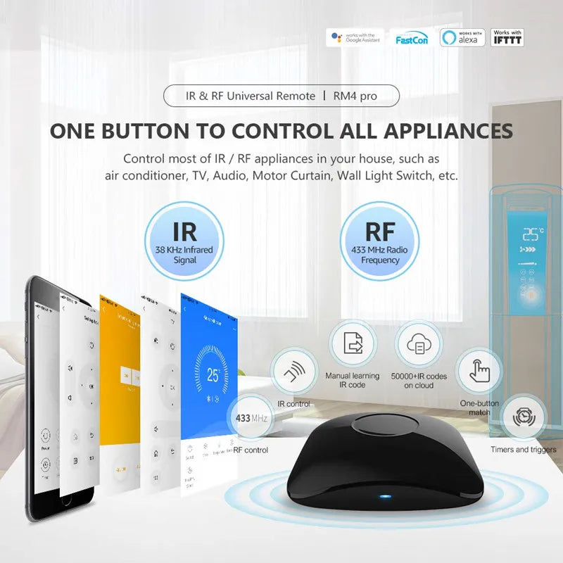 2025 BroadLink RM4 Pro Universal Remote Control RF Controller IR Switch Smart Home Works Alexa Google Assistant
