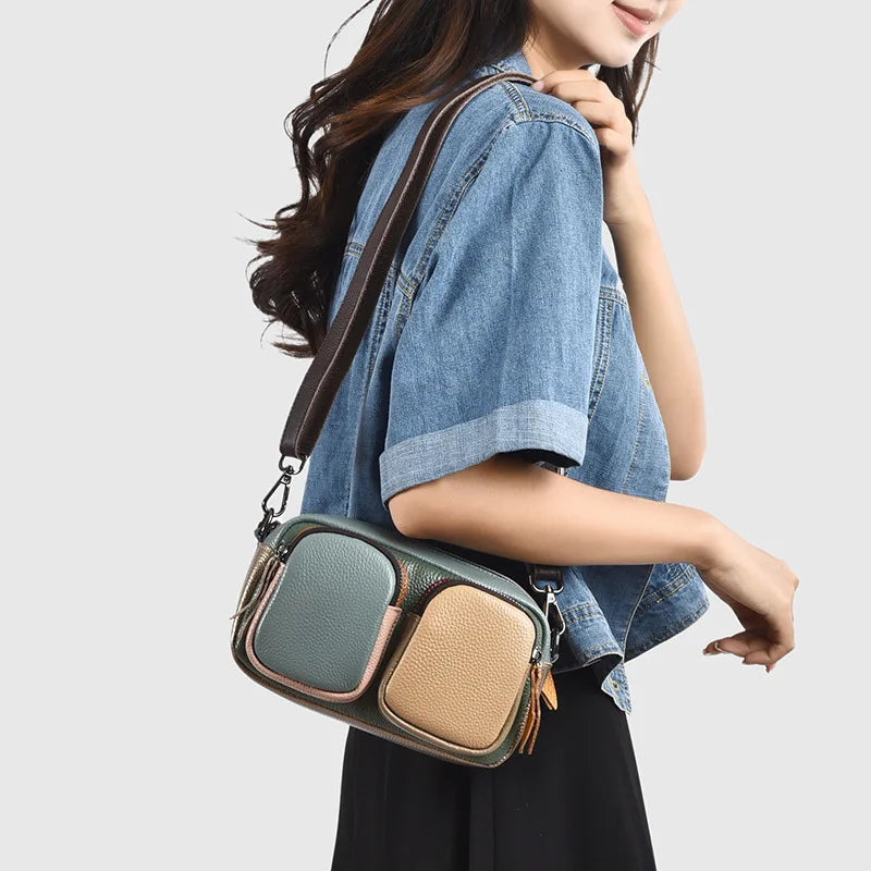 Women's color-blocking, large-capacity single-shoulder bag with top layer cowhide and multi-functional crossbody bag