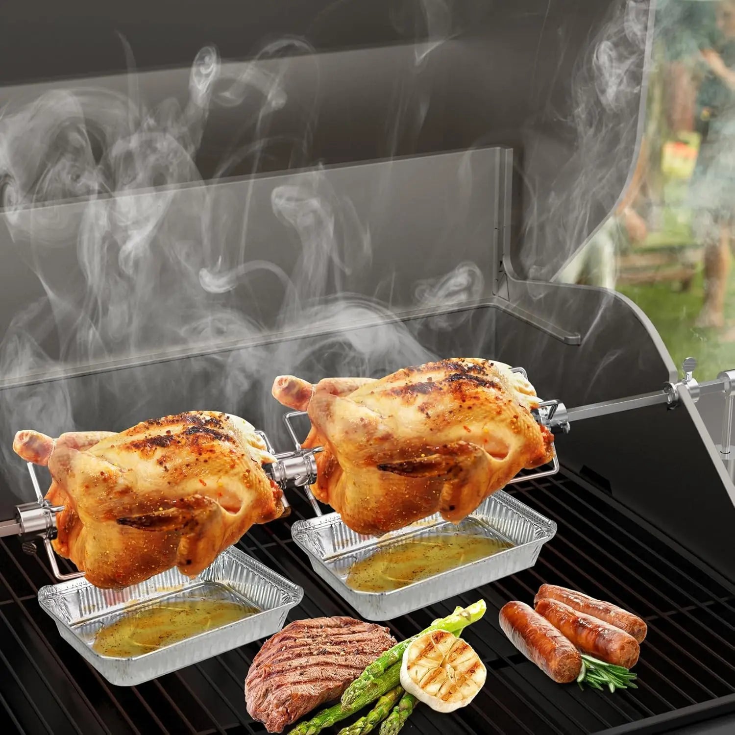 Double Sided Rotisserie Fork 304 Stainless Steel 4 Prong BBQ Grill Skewer 5/16 Spit Rod Outdoor Roasting Camping Meat Tool