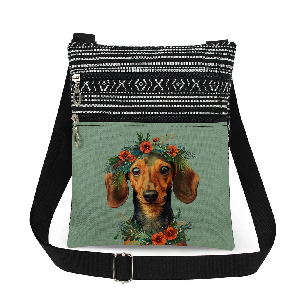 Cute Dachshund Print Crossbody Bag Female Floral Animal Shoulder Bags Fashion Outdoor Portable Double Zipper Lady Messenger Bag