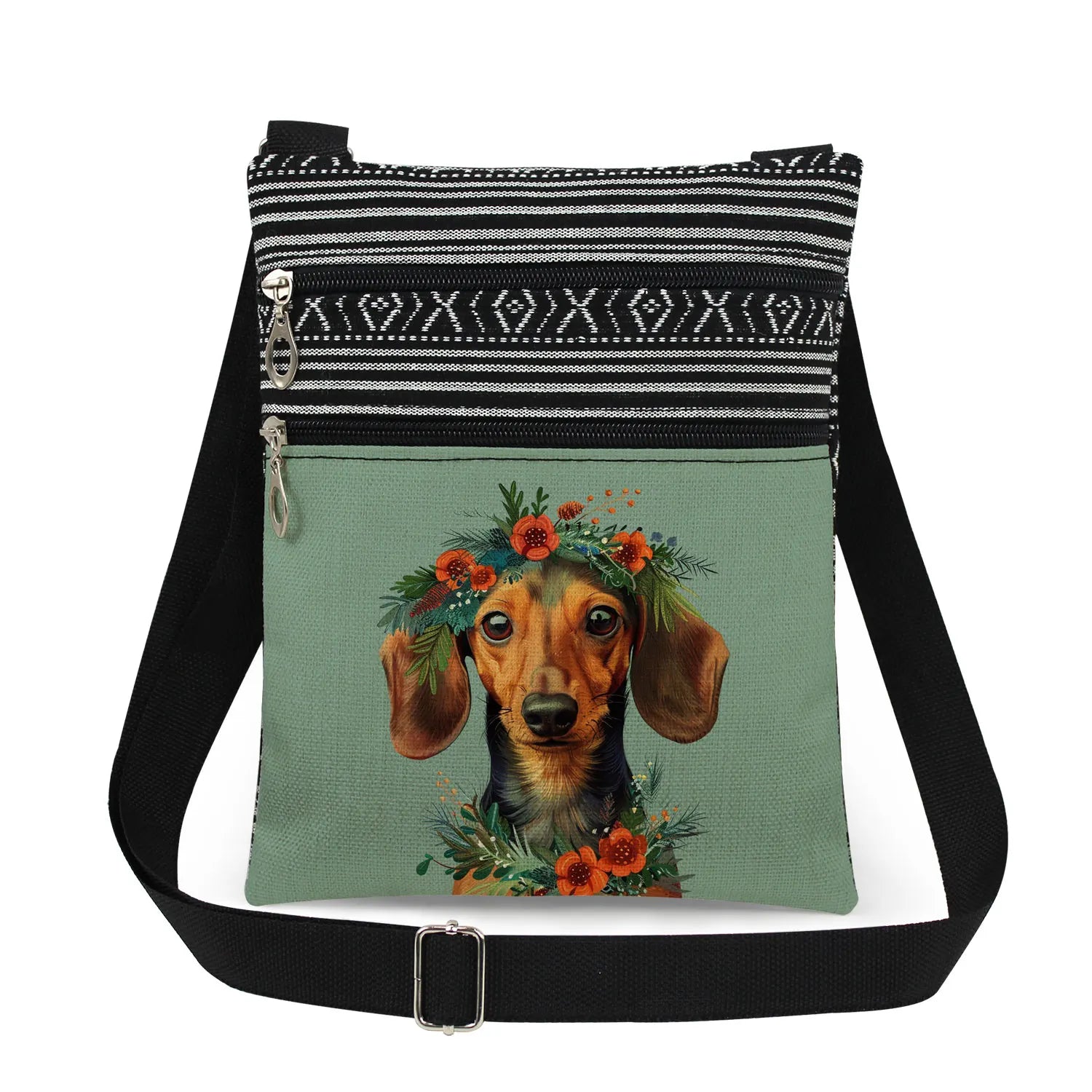 Cute Dachshund Print Crossbody Bag Female Floral Animal Shoulder Bags Fashion Outdoor Portable Double Zipper Lady Messenger Bag