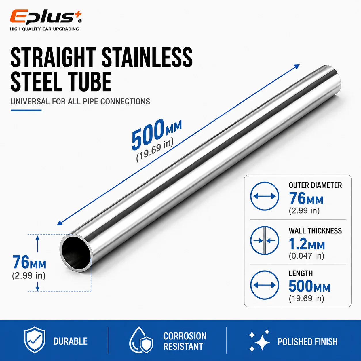 500mm Length 304 Stainless Steel Straight Pipe 1.2mm Thick Universal Round Tube OD 19-89mm for Connections metal tube Adapter
