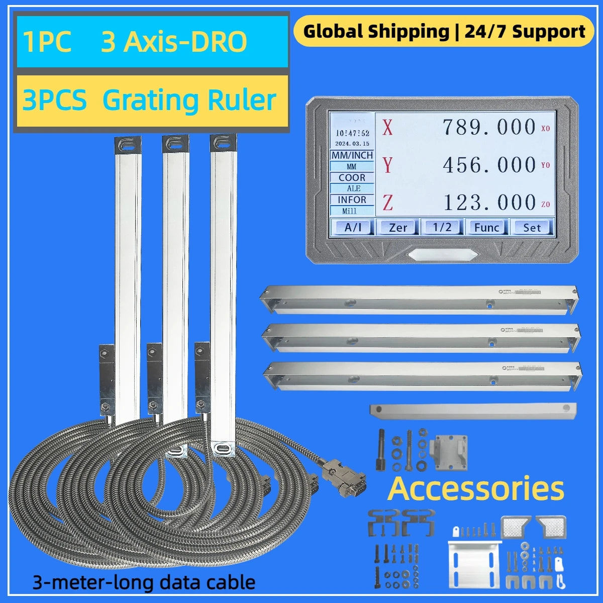 High Accuracy 3 Axis LCD DRO Set Digital Readout and 3 Pieces 0-1000mm 5um 1um Linear Scale Encoder Sensor Grating Ruler
