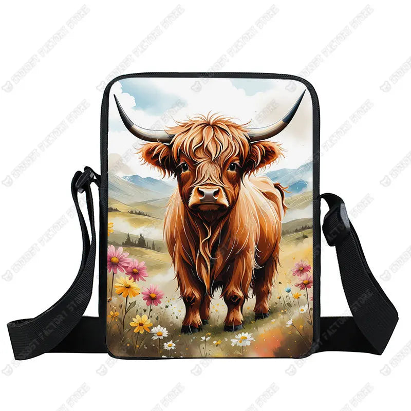 Scottish Highland Cows Print Crossbody Bag Highland Cow Sunflower Women Handbag Key Money Phone Holder Messager Shoulder Bag
