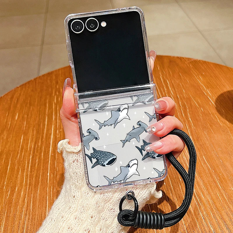 Shark Turtle Print Lanyard Phone Case For Samsung Galaxy Z Flip 8 7 FE 6 5 4 3 5G Folding Hard Clear Cover For Samsung Z Flip7 6