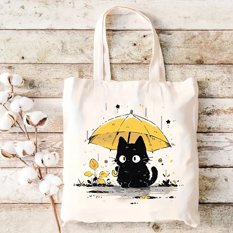 Women Canvas Baguette Bag 1 Pack Cute Cat Pattern Handbag Tote Reusable Shopping Bag Multifunctional High Capacity Printed Storage Bag Gift for Cat Lovers Holiday Birthday Present