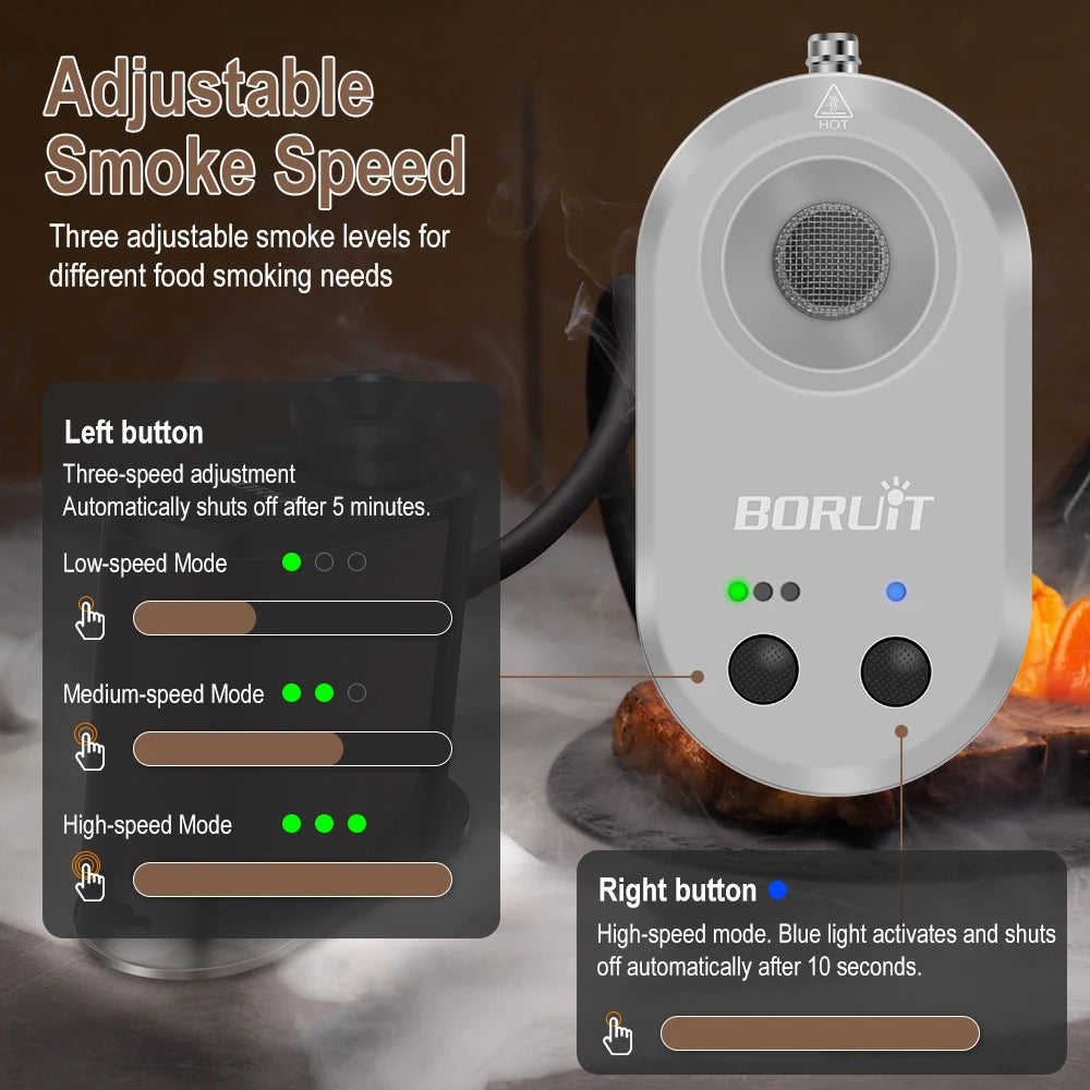 BORUiT BQ500 New Portable Food Cold Smoke Generator USB Rechargeable Molecular Cuisine Smoking Gun Meat Burn Cooking for BBQ