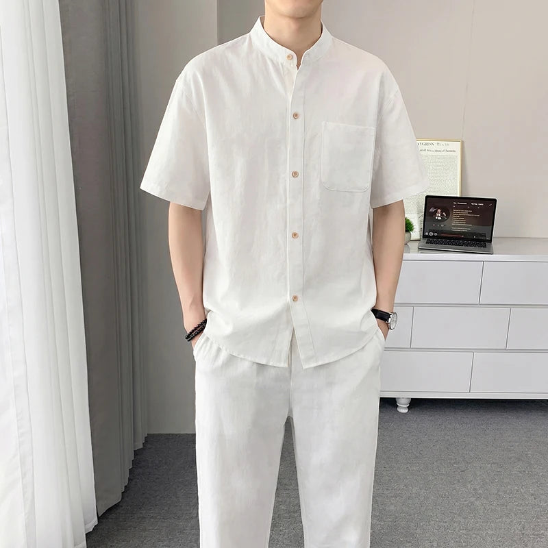 Men's Cotton Linen Blend 2-Piece Set, Stand Collar Short Sleeve Shirt & Pants, Breathable Casual Summer Outfit for Daily Wear