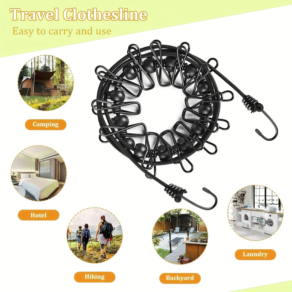 Portable Travel With 12 Clips Clothesline Plastic Non-Slip Retractable Drying Rope Home Windproof Travel Outdoor Hanging Tools