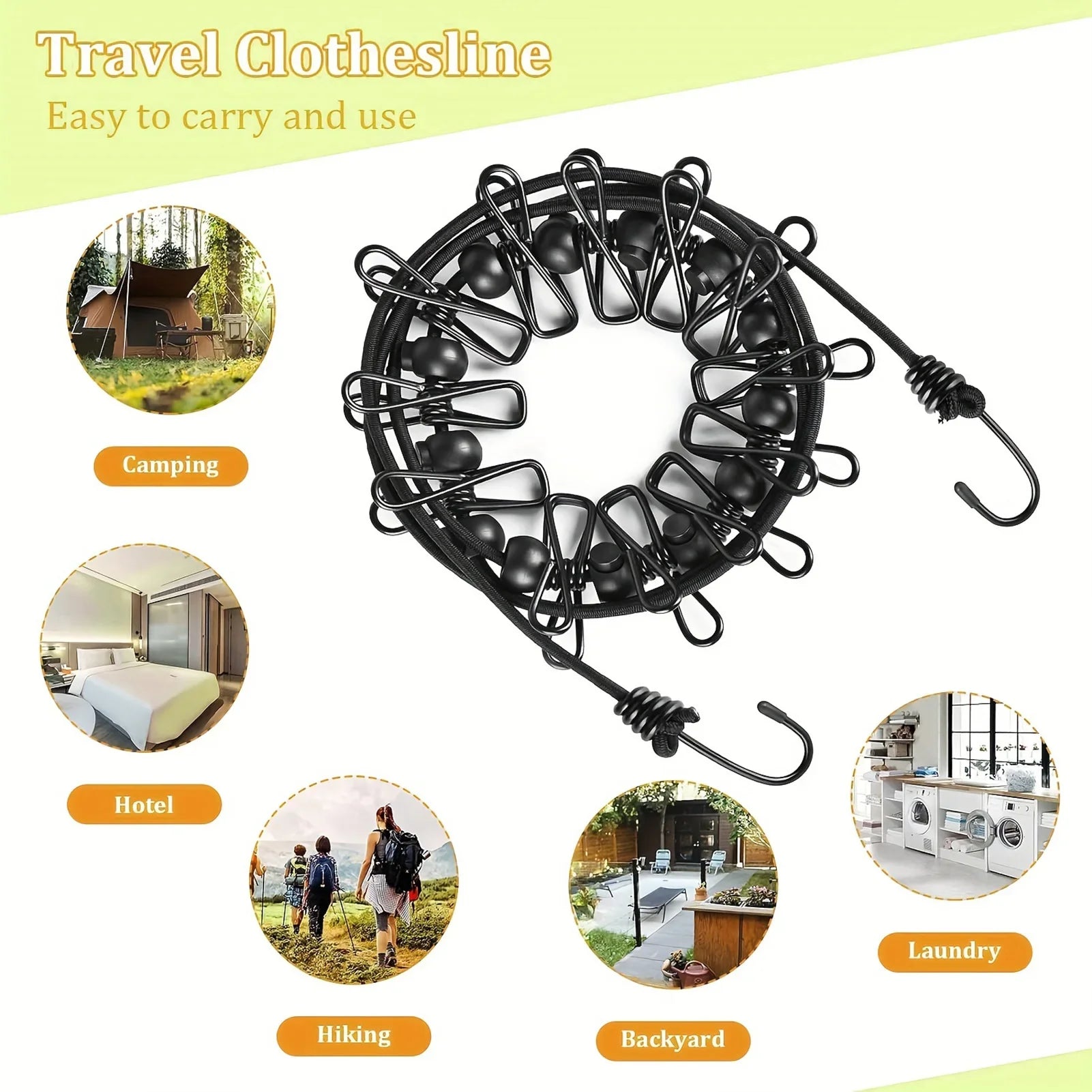 Portable Travel With 12 Clips Clothesline Plastic Non-Slip Retractable Drying Rope Home Windproof Travel Outdoor Hanging Tools