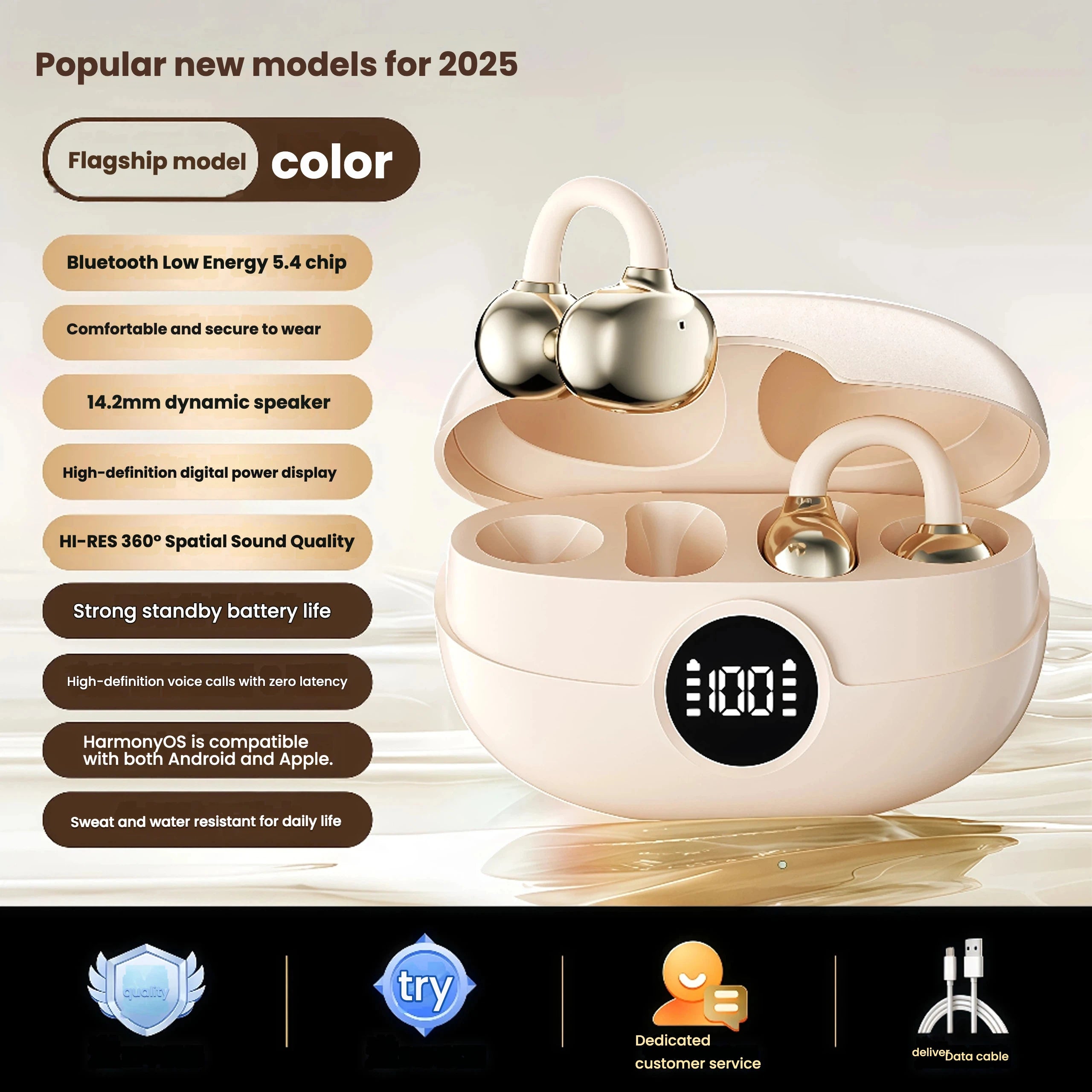Wireless Open Earbuds with OWS Clip-On Design, Pure Stereo Sound, Call Noise Reduction, Rechargeable Battery, USB Charging