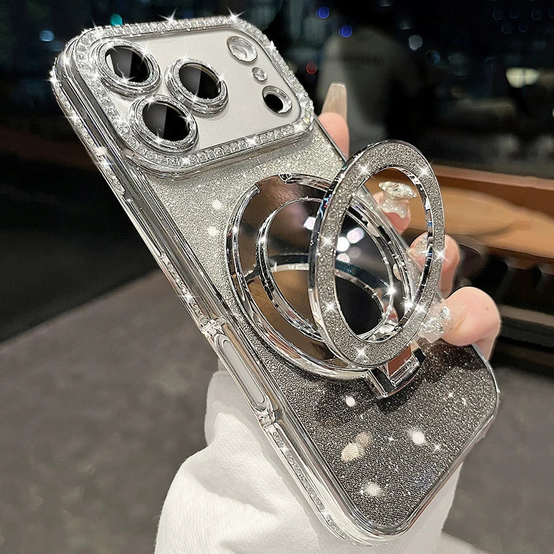 Luxury Diamond Clear Glitter For Magsafe Case For iPhone 17 16 15 14 13 12 11 Pro Max Air Mirror Magnetic Holder Stand Cover
