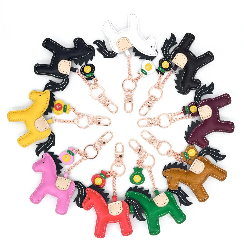 New Trendy Cow Leather Pony  Key Ring Handbag Pendant Cute Horse Keychain Luggage Bag Parts Accessories