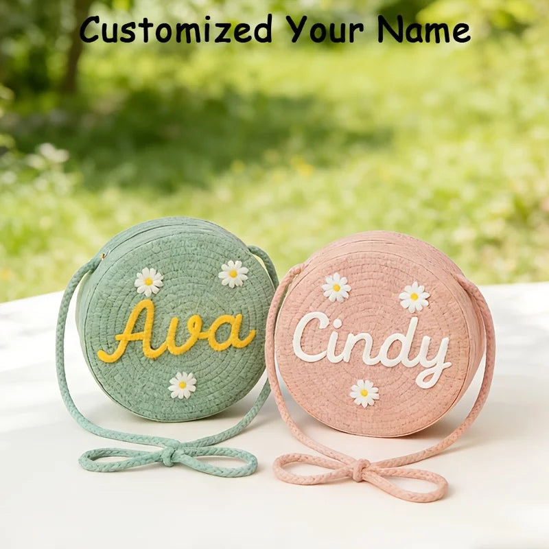 Personalized Name Daisy Straw Crossbody Bag Women Round Woven Shoulder Bag Summer Beach Handbag Gift
