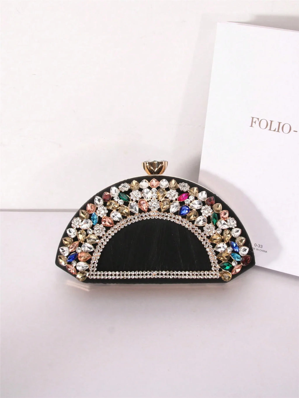 Luxury Collection Four Elegant Semi Circular Handbags in Black Pink Silver Sparkling with Golden Accents Colorful Gems