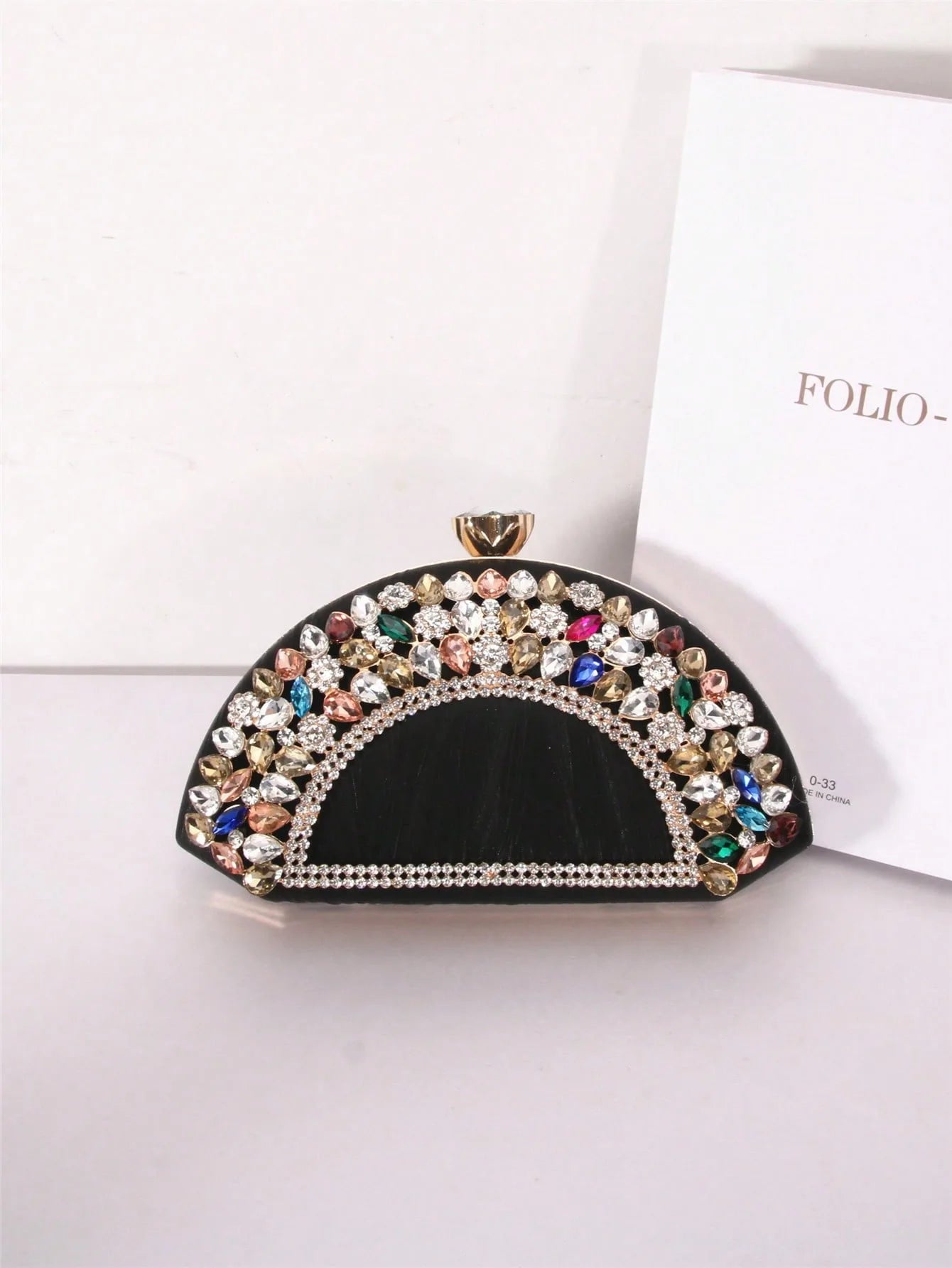 Luxury Collection Four Elegant Semi Circular Handbags in Black Pink Silver Sparkling with Golden Accents Colorful Gems