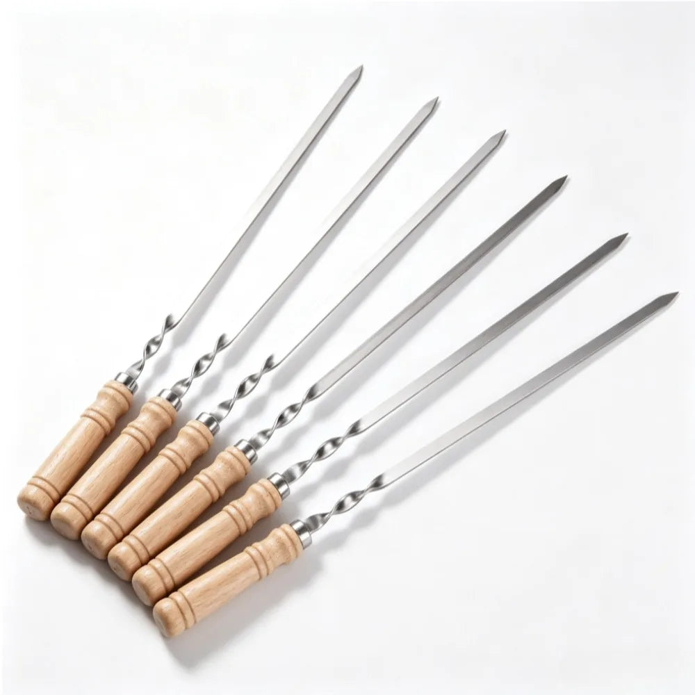 BBQ Skewers 6pcs,Kabob Skewers Flat with Wood Handle,Stainless Steel Kebab Forks for Grilling Shrimp Chicken Vegetable