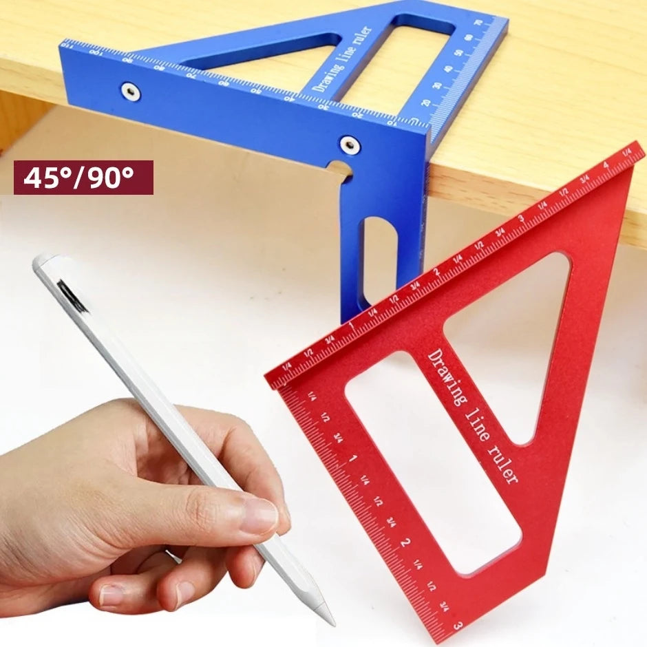 Aluminum Alloy Red Miter Triangle Ruler 45°/90° Woodworking Square Protractor - 3D Multi Angle Layout Measuring Tools
