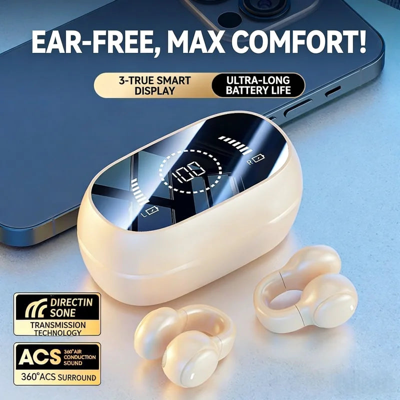 Mirror Digital Display Wireless Bluetooth Headphones Soft Silicone Ear Clip Noise Reduction HiFi Lossless Stereo Sports Earbuds