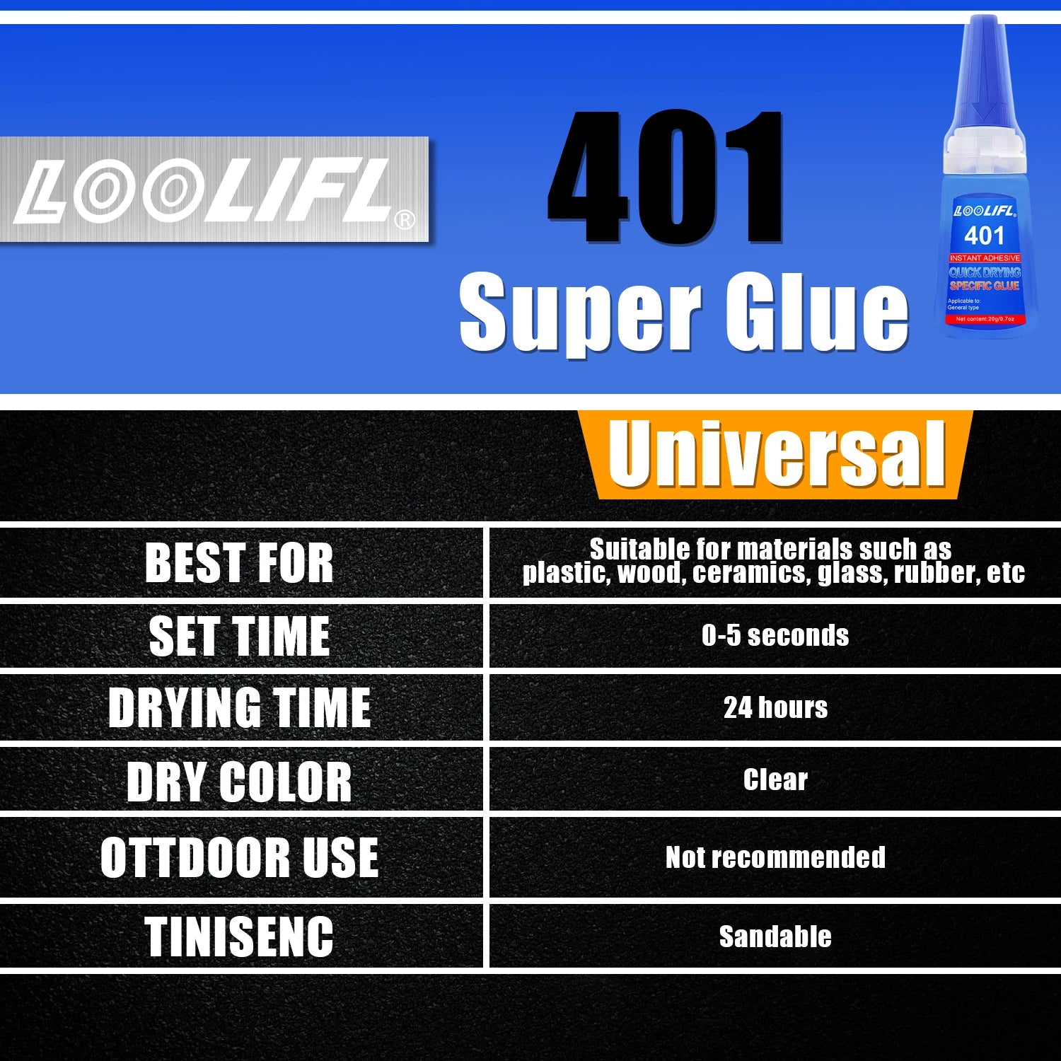 LOOLIFL 5PCS 401 Super Glue Extra Strong Quick Repair Glue Wood Rubber Metal Glass Cyanoacrylate Jewelry Adhesive Instant
