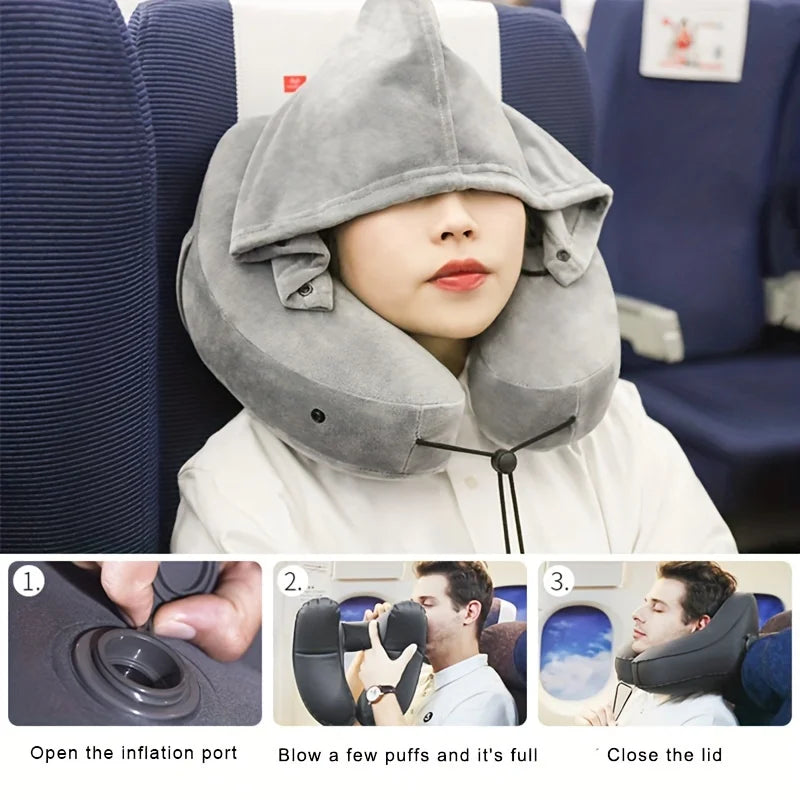 Portable multifunctional cervical pillow outdoor travel inflatable H pillow with cap U-shaped pillow nap plane train neck pillow