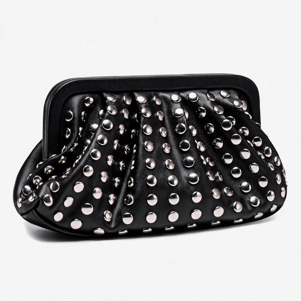 Vintage Clutch Purse Rivet Detail PU Leather Shell Shape Wallet Magnetic Buckle Pleated Design Handheld Evening Bag for Women