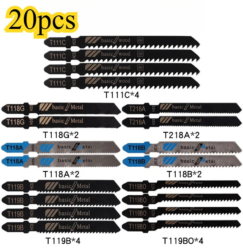 20 Pcs/set Jigsaw Blades T-Shaft HCS Assorted JigSaw Blades for Wood Plastic and Aluminum Fine and Medium Tooth Saw Blades
