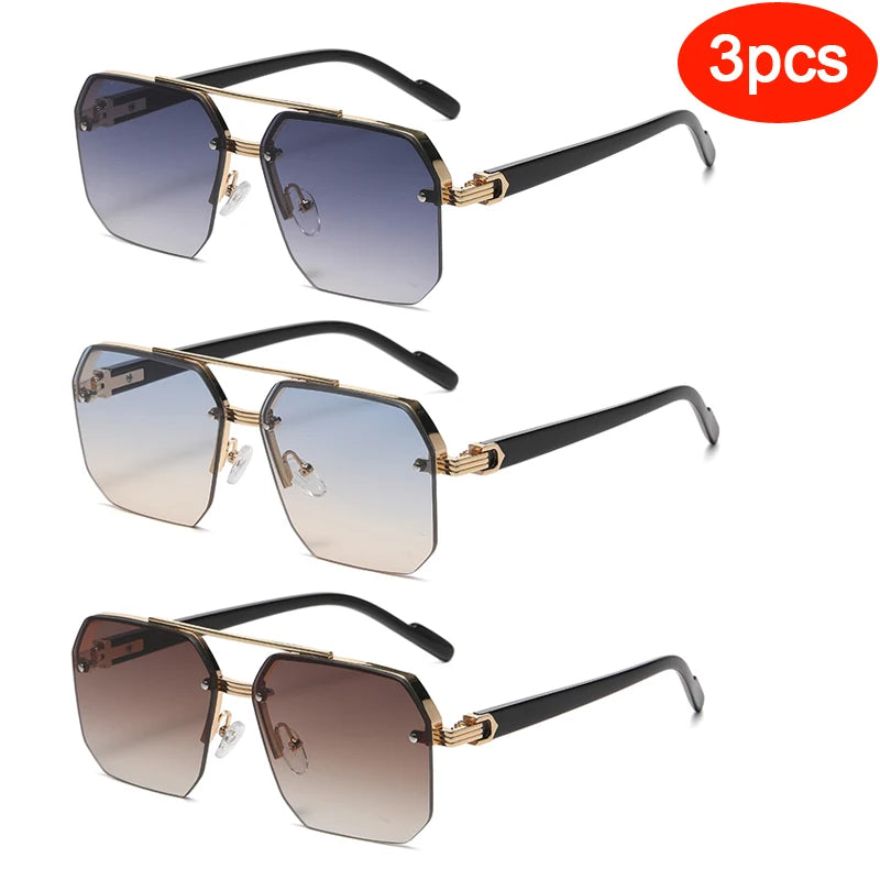 Hiking 3pcs Polygon Half-Frame Anti Light Glasses Fashion Metal Men Large Frame Shades Female Male Gradient Traveling Eyewear