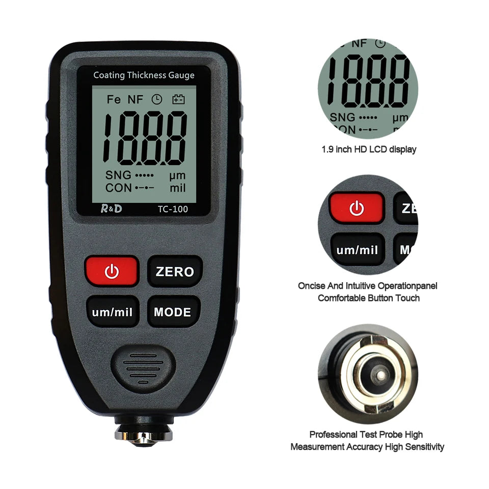 R&D TC100 Car Paint Film Thickness Tester 0.1 Micron Precision Measurement 0-1300 Scale FE/NFE Coating Thickness Gauge