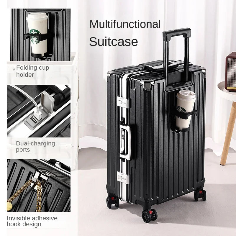 Trolley Luggage 20 26 30" Aluminium-framed Suitcase with Silent Wheels Unisex High-capacity Rolling Luggage Password Suitcase