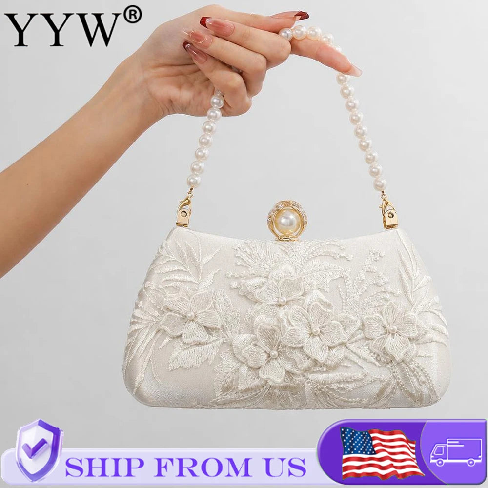Fashion Pearl Chain Handbags Female White Embroidered Lace Flower Clutch Purse Crossbody Shoulder Party Wedding Prom Evening Bag