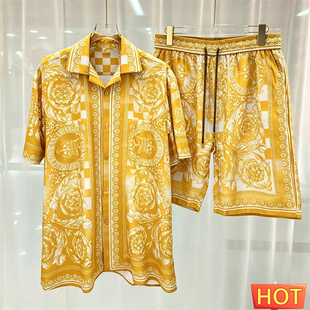 Gradient Leisure vacation two-piece set Summer mens shirt set men's matching sets menswear clothing Two piece shorts shirt sets