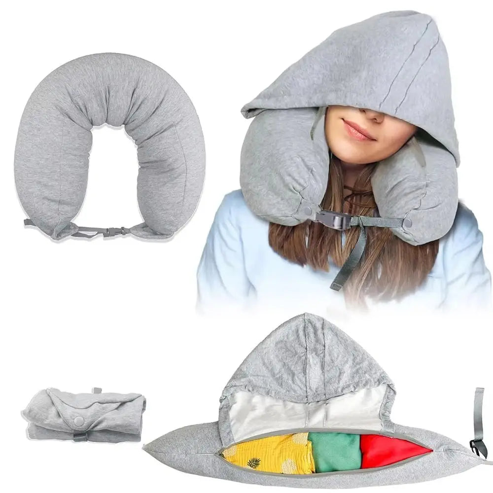 Fillable Travel Neck Pillow Neck Support with Hood Nap Pillow Adjustable with Storage Pouch Airplane Neck Pillow
