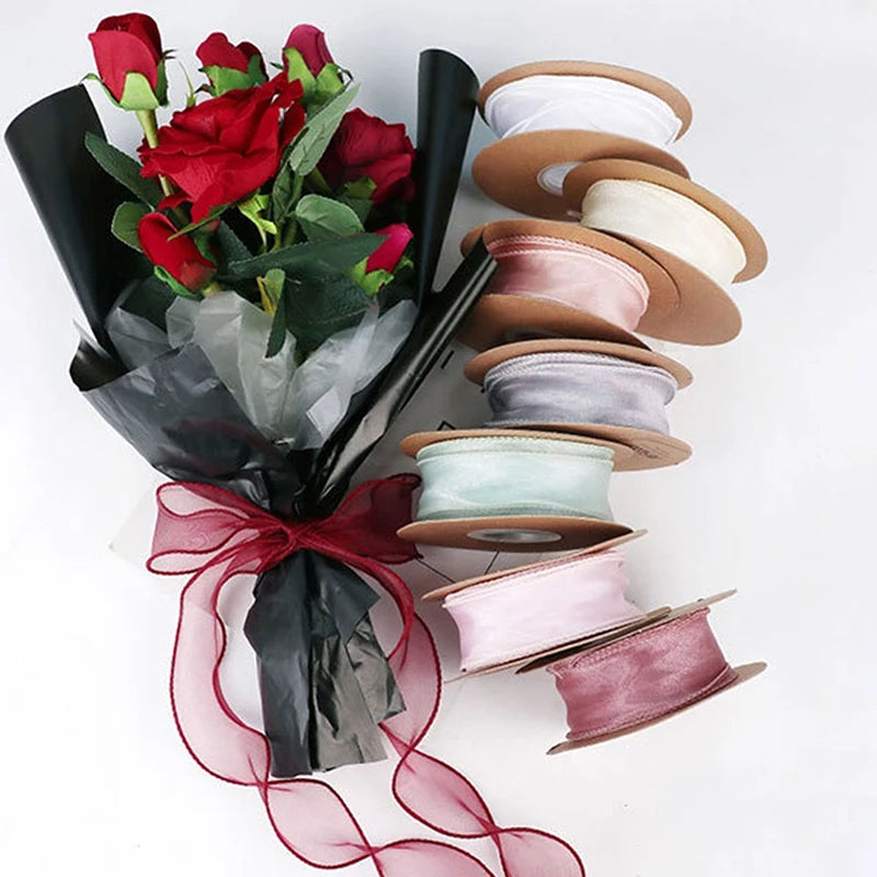 10Yards/Roll Sheer Chiffon Ribbon Organza Satin Ribbons For Gift Wrapping Decoration Wedding Bouquets Wreath Sewing Supplies