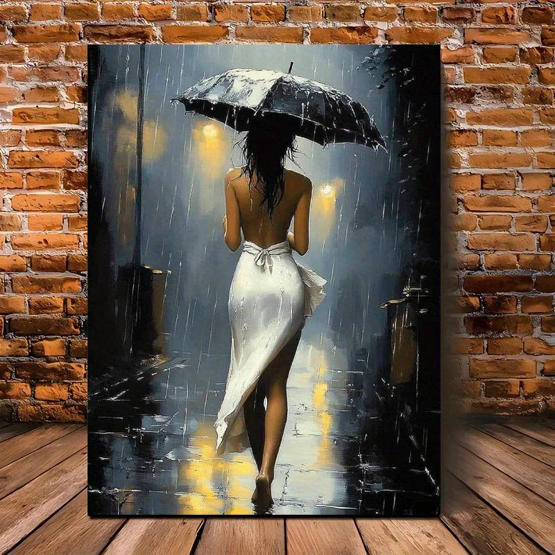 [Elegant Style] Romantic Rainy Night Canvas Art with Unframes –Elegant Umbrella Street Scene, Perfect for Living Room,Bedroom