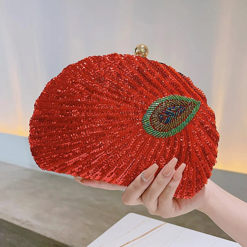 Retro Beaded Sequin Half Moon Evening Bag Women Fan Shaped Clutch Wedding Purse Boutique Party Crossbody Shoulder Handbag Bolsa