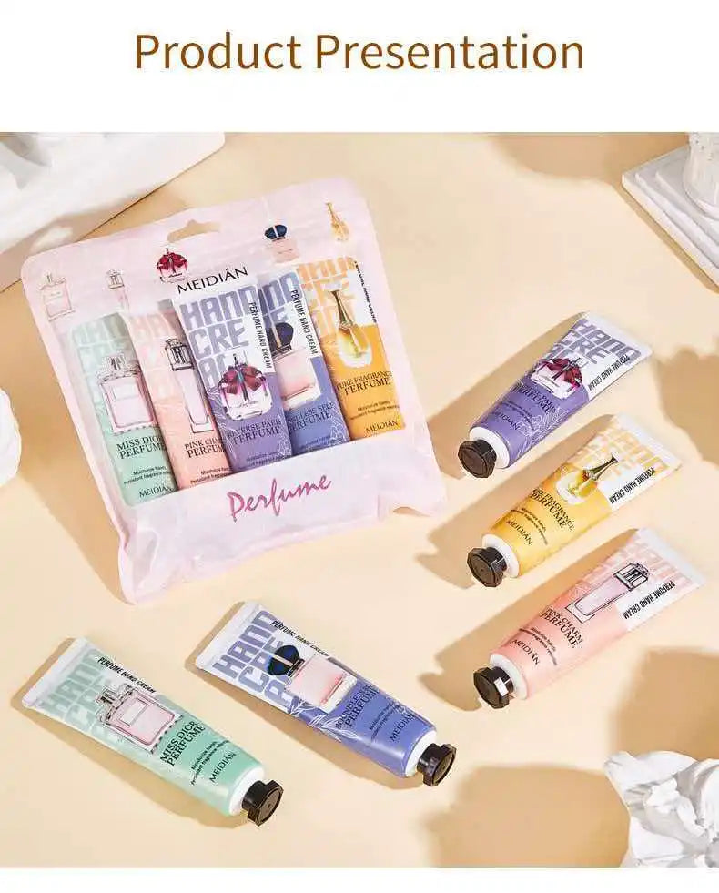 Five piece fruit scented hand cream for moisturizing and long-lasting fragrance retention. Hand care mask cream
