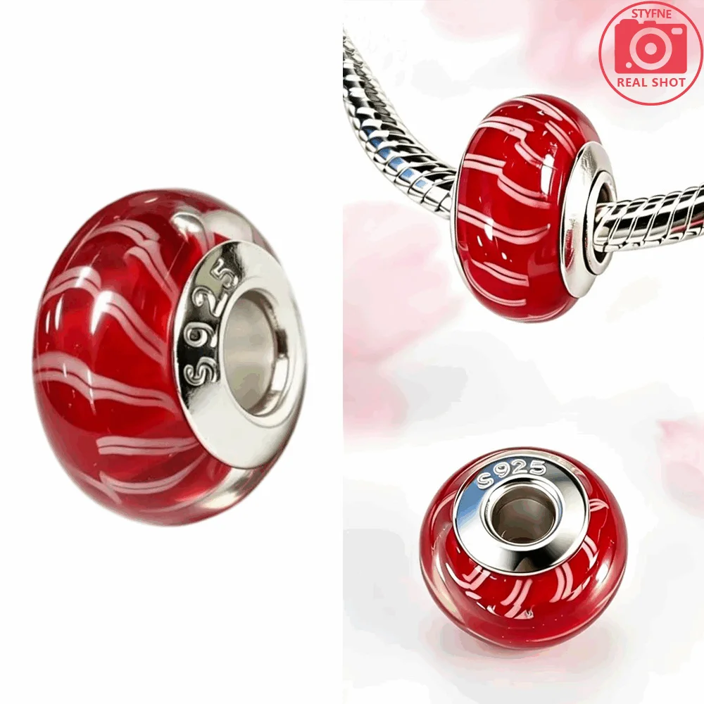 Silver-Plated Red White Stripe Glass Charms Beads Fit Original Bracelet Bag Keychain Charms Beads Pendant Diy Women Jewelry Gift