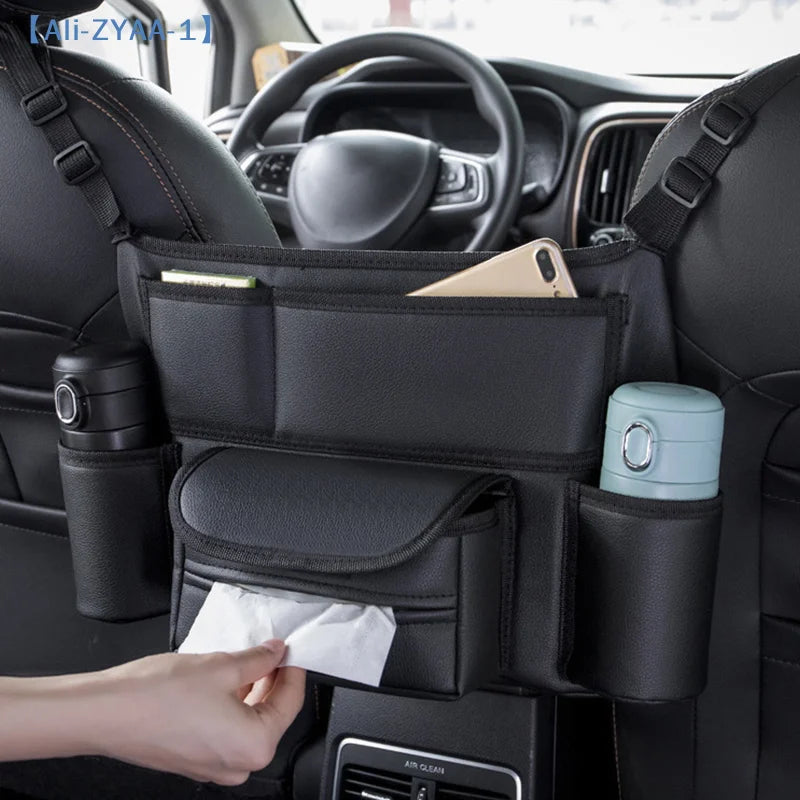 【ZYAA-1】One Durable PU Leather Car Seat Storage Bag With Cup Holder, Side Pockets And Front Storage Compartment.