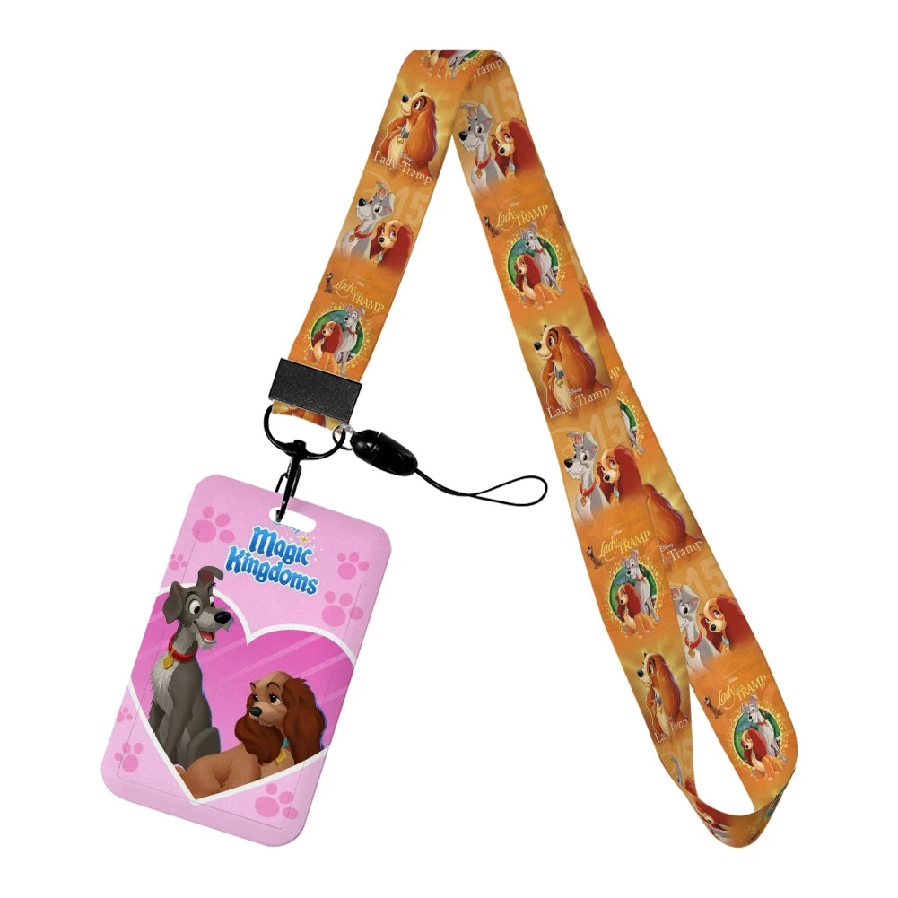 Disney Cartoon Lady and the Tramp Card Holder Anti-lost Neck Strap Lanyard ID Card Pendant USB Badge Clip DIY Keychain Accessory