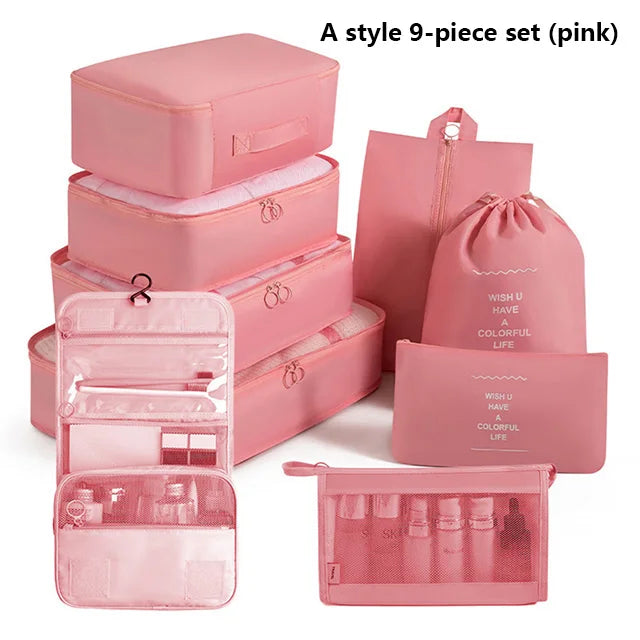9Pcs Travel Packing Cubes Set Waterproof Luggage Organizer with Drawstring Pouches for Clothes Shoes Cosmetics Underwear - Suitc