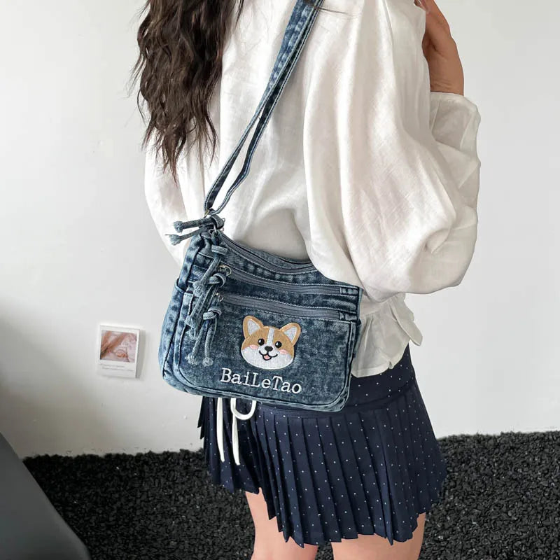 Korean Version Denim Crossbody Bag with Cute Dog Embroidery – Adjustable Strap, Multi-Pocket Small Sling for Women
