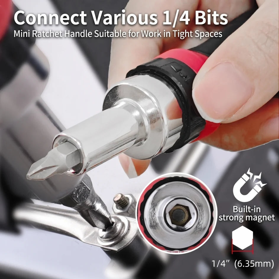 1/4" Mini Ratchet Wrench Set 72-Tooth Reversible Ratchet Socket Wrench Hex Bit Driver CR-V Hand Tools for Bicycle Car Repair DIY