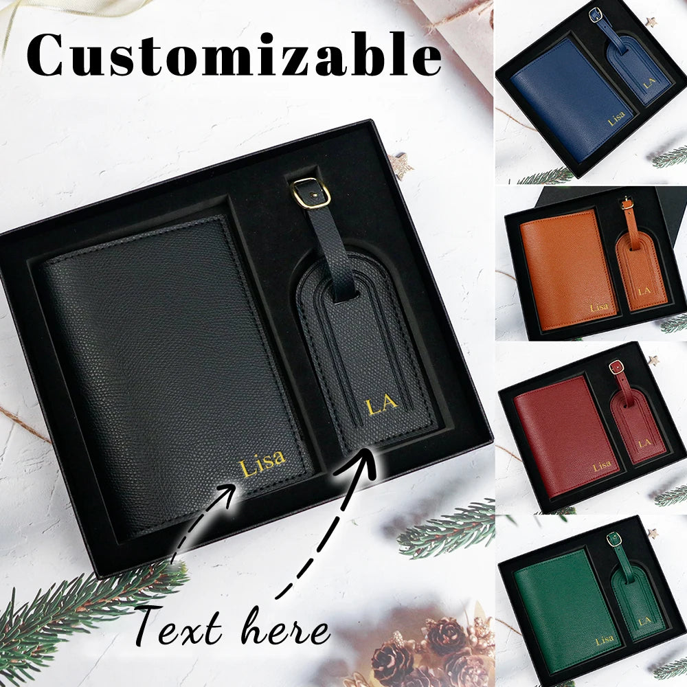 Customized name pu leather travel passport holder and luggage anti-loss label with essential travel gift box