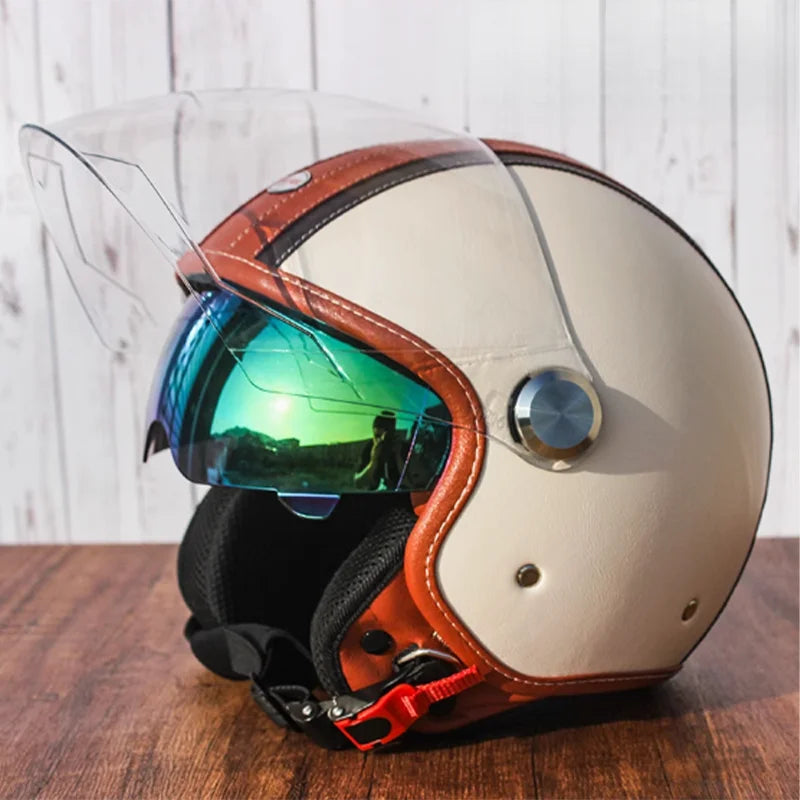 Brown Leather Original DOT ECE 3/4 Open Face Helmet MT Capacete Motorcycle Helmet JET Scooter Bike Half Helmets Cascos Para Moto