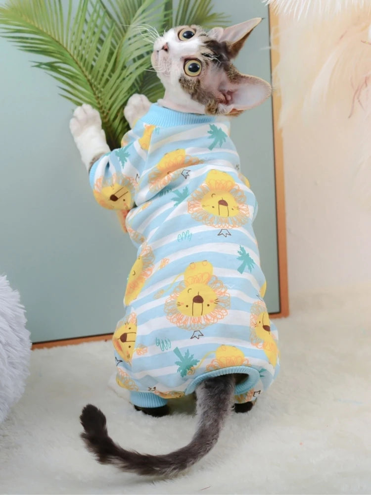 Cat Clothing 4-legged Soft  Cartoon Lion Coat for Sphynx Cat Cotton Long Sleeves Shirt for Kittens Devon Rex Blue Pink Jumpsuit