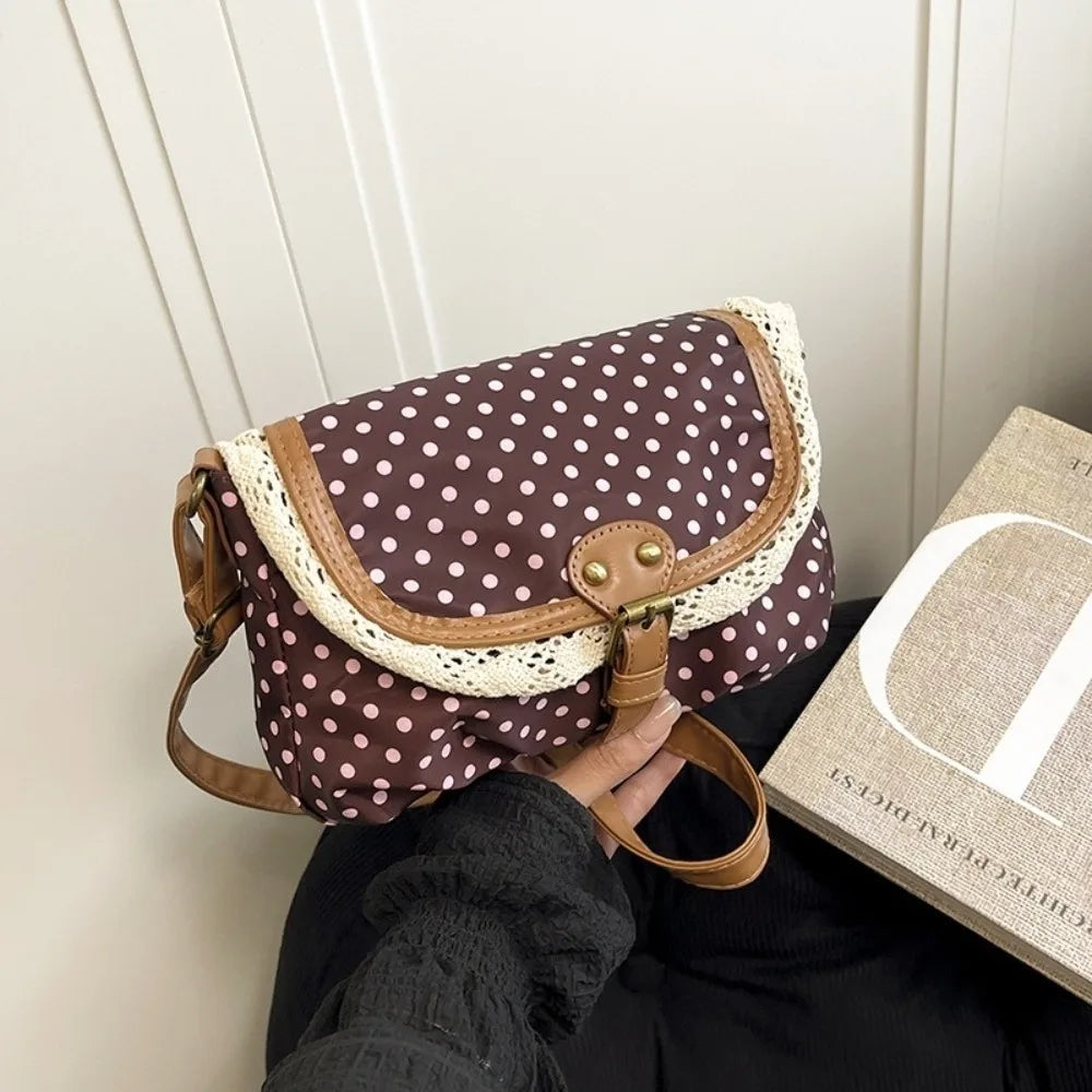 New Polka Dot Crossboby Bag Canvas Lace Trim One-Shoulder Bag Vintage Casual Commuting Bag for Women