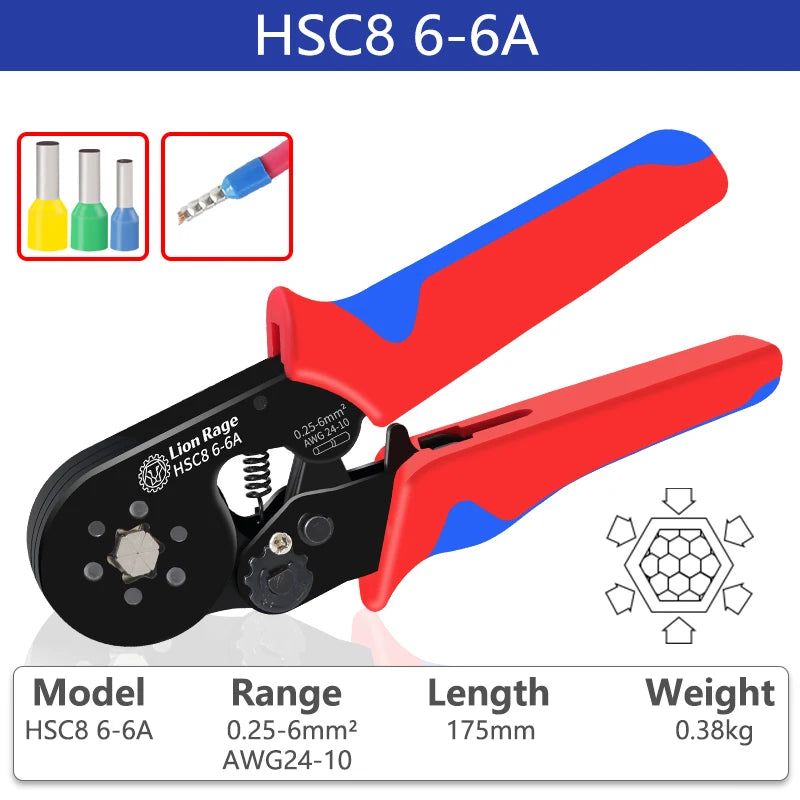 Mini adjustable hexagonal crimping pliers HSC8 6-6 0.25-6mm for ferrule terminals ²/ 24-10AWG Ratchet Connector Electrical Tools